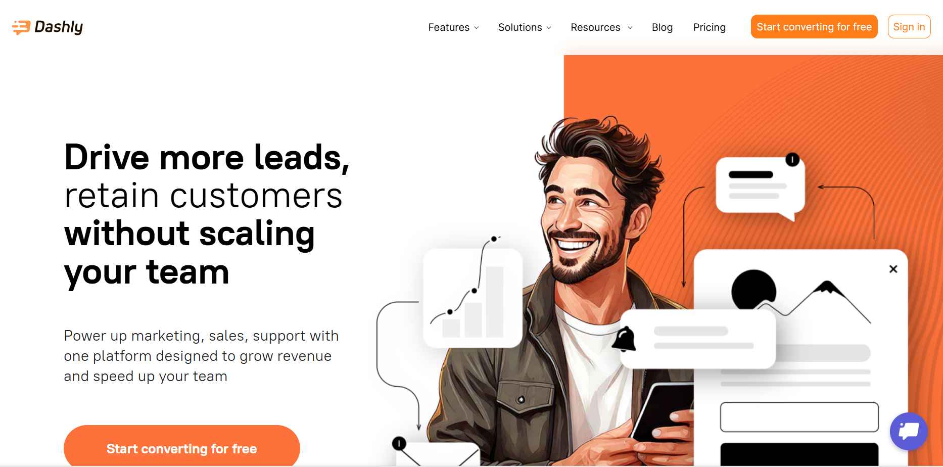Dashly.io dashboard showcasing live chat, chatbot, and email automation tools
