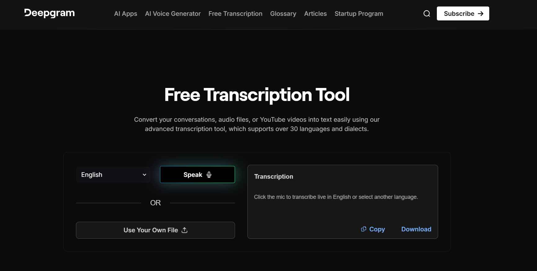 Deepgram AI transcription dashboard showing real-time speech-to-text conversion