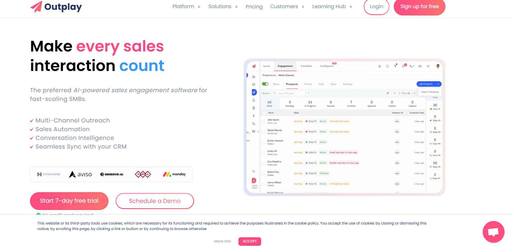 Outplayhq multichannel sales engagement dashboard with email, call, and LinkedIn integration
