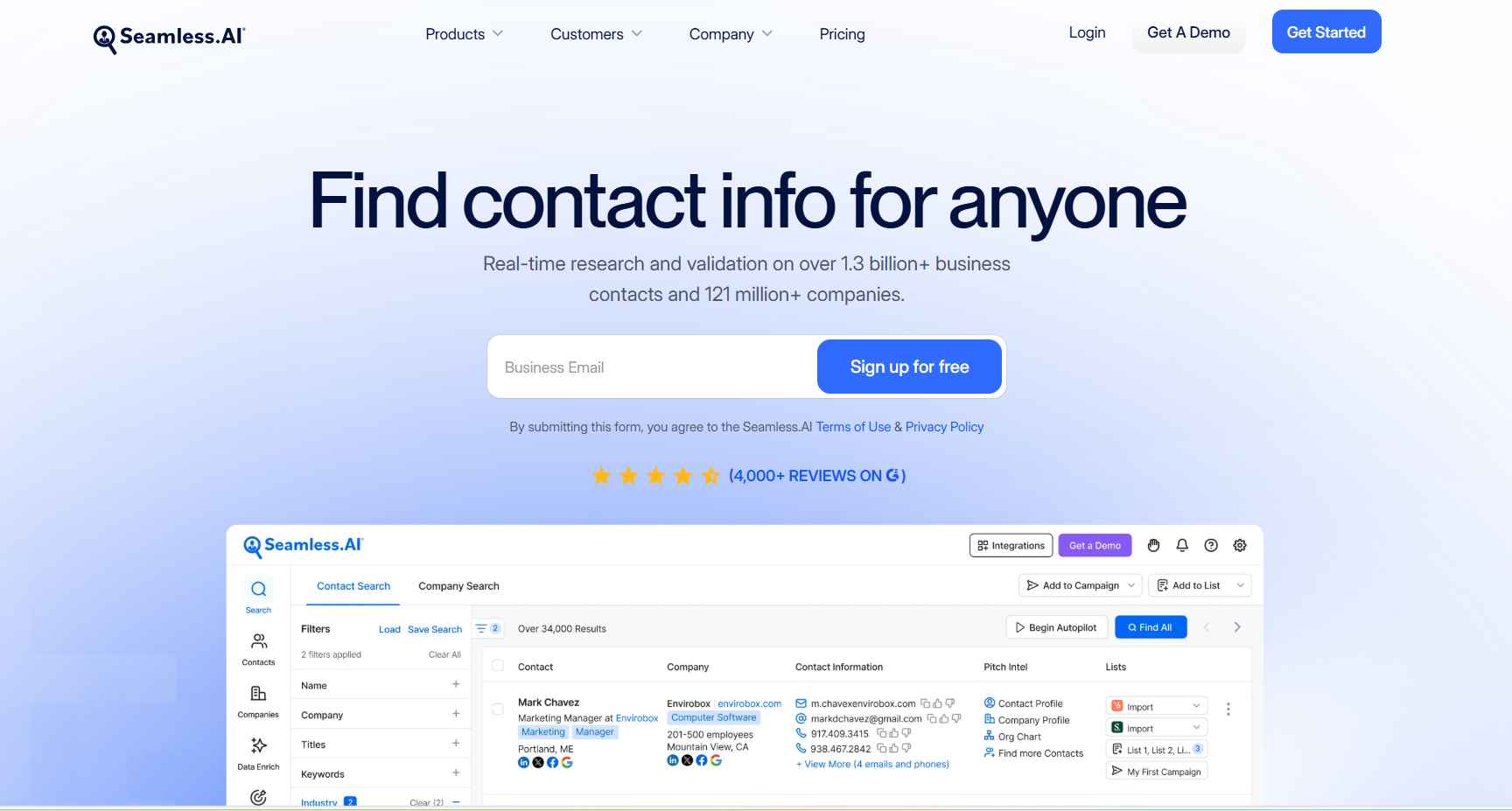 Seamless.AI dashboard showing real-time B2B contact search and lead generation